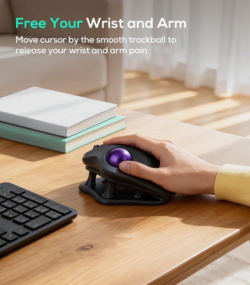 Nulea M511 Wireless Trackball Mouse, Rechargeable Ergonomic Thumb-Control Mouse with Tilt Stand, Smooth & Precision Tracking, 3 Device Connection (Bluetooth or USB Receiver), for PC/Mac/Laptop-Purple - Image 4